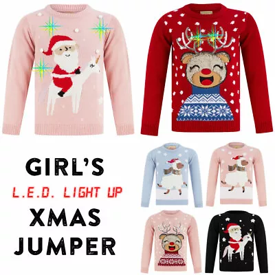 Buy Girl's Christmas Jumper LED Light Up Kid's Children's Xmas Sweater Knit Reindeer • 14.99£