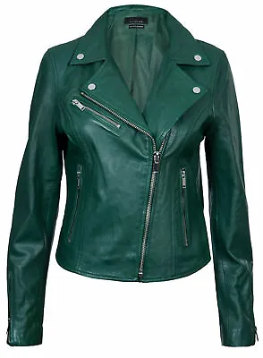 Buy Ladies Real Leather Biker Style Brando Asymmetrical Classic Green Gothic Jacket • 31.99£