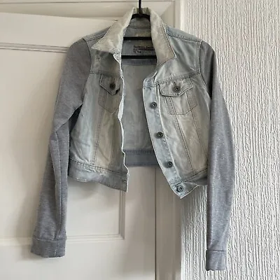 Buy Bleach Wash Distressed Denim Jacket Grey Jersey Sleeves Size 10 • 8£