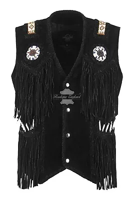 Buy Mens Cowboy Western Style Native American Leather Vest Black Suede Beaded Fringe • 89.80£
