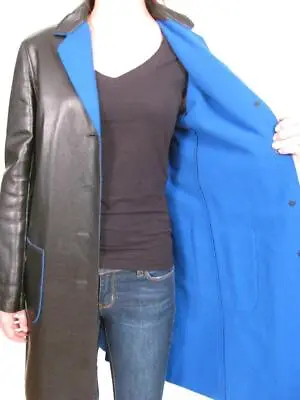 Buy Roots Canada Black Leather Matrix Spy Long Coat Blue Fleece Lined Jacket~8 • 102.11£