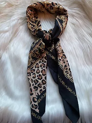 Buy Black Animal Print Leopard Silk Scarf • 6.99£