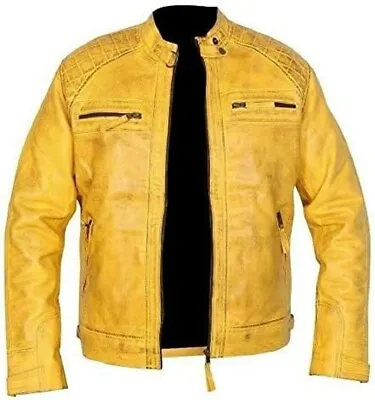 Buy Men's Cafe Racer Retro Slim Fit Biker Yellow Lambskin Jacket Real Leather Jacket • 85.49£