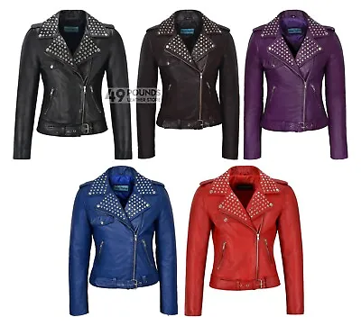 Buy ROCKSTAR Ladies Studded Rock Chic Biker Style Real Soft Leather Jacket 4326 • 41.65£