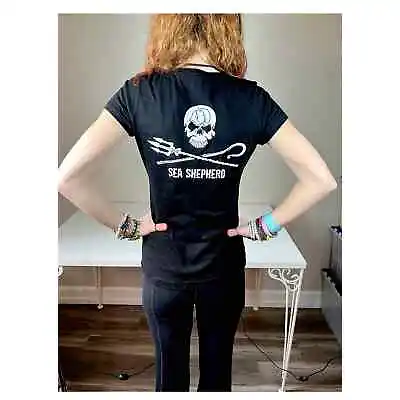 Buy Womens Sea Shepherd Logo Tee Size Small VNeck Black Skulls Ocean Summer • 29.38£