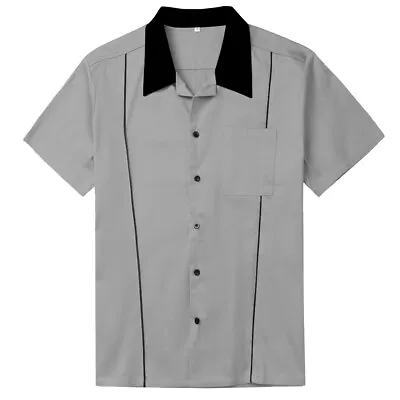 Buy 50's Retro Vintage Grey Bowling Shirt Rockabilly Clothing For Men • 19.07£