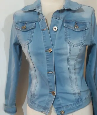 Buy Ladies Stonewash Stretch Denim Fitted Jacket  Pockets Button Front Blue Sz 8-10 • 5£