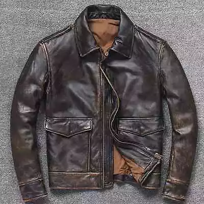 Buy Mens Vintage A2 Bomber AIR Force Style Distressed Brown Real Leather Jacket • 22.99£