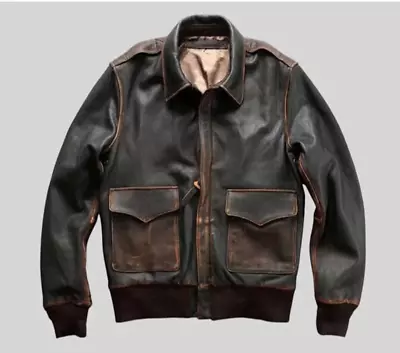 Buy Mens Vintage Brown A2 Leather Jacket Bomber Aviator Distressed Military Jacket • 25£