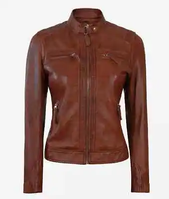 Buy Ladies Distressed Vintage Brown Slim Fit Biker Lambskin Leather Fashion Jacket • 73£