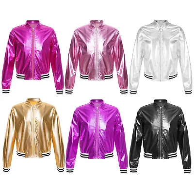 Buy Boys Girls Shiny Baseball Jacket Metallic Bomber Jackets Hip-Hop Coats Outerwear • 10.65£