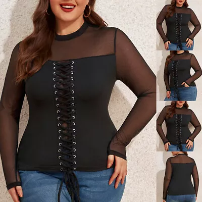 Buy Plus Size 20-30 Womens Mesh See Through Tops Sexy Lace Up T-Shirt Gothic Blouse • 3.19£