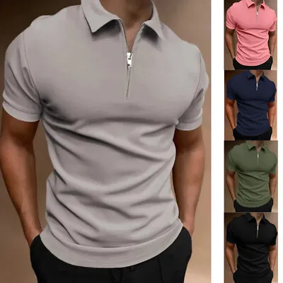 Buy Cool Mens Zip Neck Short Sleeve Polo Shirts T Shirt Casual Plain Slim Fit Tops • 7.94£