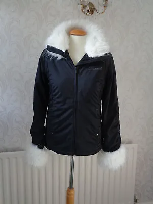 Buy Gorgeous Hooch Jacket/Coat Black With White Fur Trim On Hood/Collar/Cuffs Size 8 • 39.99£