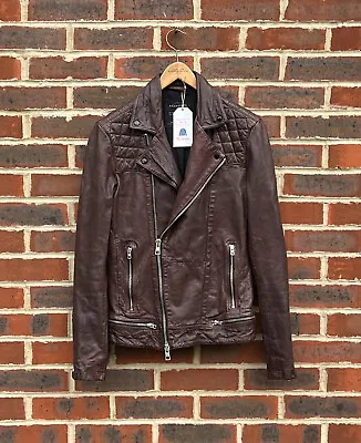 Buy All Saints Mens Oxblood CONROY Leather Biker Jacket Brown / Red XS Moto A407 • 209.99£