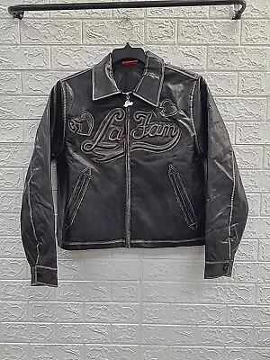Buy New La Fam Distressed Long Sleeve Full Zip Leather Jacket Dark Brown Size XSmall • 192.14£