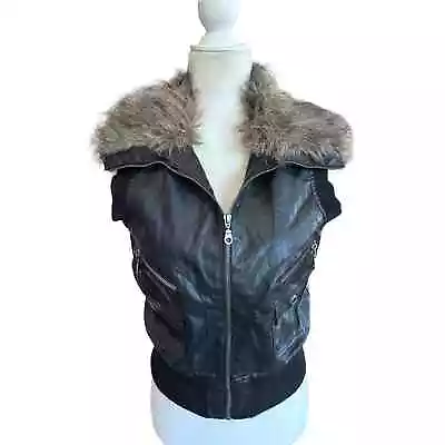 Buy VINTAGE Paper Tee Womens Black Faux Leather & Fur Collar Zip-up Vest Size Small • 33.78£