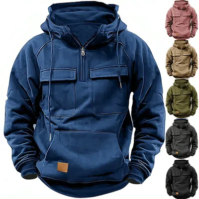 Buy Mens Cargo Combat Hoodie Long Sleeve Half Zip Sport Army Tactical Sweatshirt Top • 23.77£