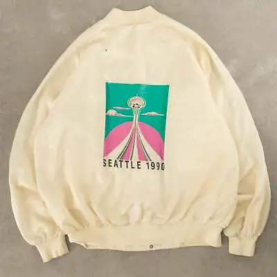 Buy Vintage 90s Seattle Back Print Satin Bomber Jacket L Men's Off-White • 32£