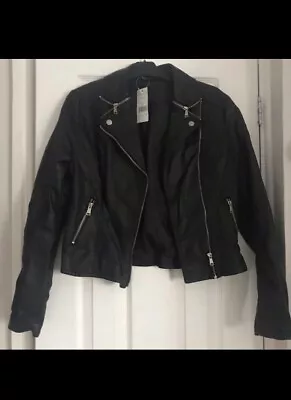 Buy Ladies Black Biker Jacket Size 10 Womens Coat Leather Look • 29£