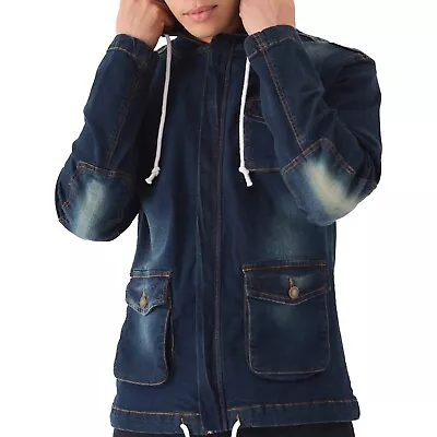 Buy Mens Hooded Denim Jacket Dark Blue Slim Fit Jumper Long Sleeve Casual Hoodies UK • 27.99£