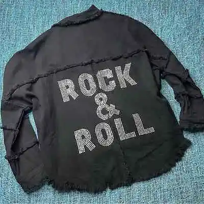 Buy Blue B Collection Rock & Roll Rhinestone Distressed Denim Jacket In Black Small • 61.56£