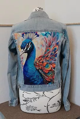 Buy Upcycled Vintage Denim Jacket With Peacock Print Hand Stitched Panels 36  Chest • 29.99£