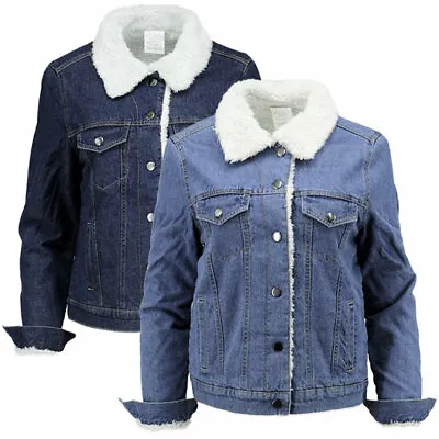 Buy Womens Denim Jacket Slim Fit Sherpa Lined Premium Blue Jeans Borg Trucker Coat • 18.99£