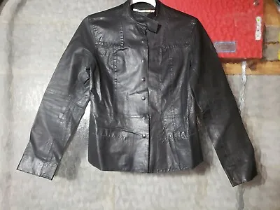 Buy Matrix Style Vintage 90s Black Thin Tight Leather Max Studio Snap Jacket Size 4 • 23.75£