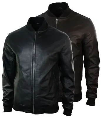 Buy Mens Slim Fit Real Leather Black Varsity Bomber Jacket Classic Retro Black Brown • 126.49£