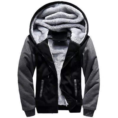 Buy Men Warm Thick Faux Fur Coat Fleece Lined Jacket Hoodie Zip Outwear Tops Winter • 30.99£