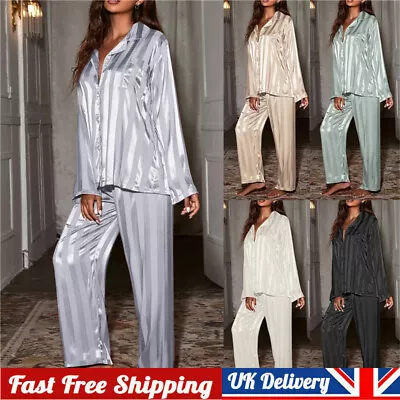 Buy Womens Ladies Satin Nightwear Pyjamas 2Pcs Set Silk PJS Long Sleeve Sleepwear • 5.10£