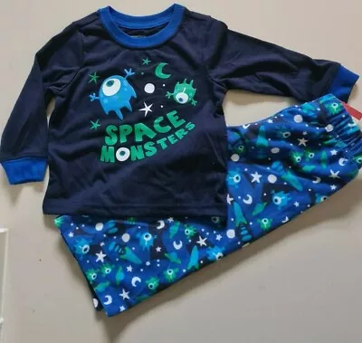 Buy OshKosh Boys Blue Space Monsters Fleece PJ Pyjamas  12-18-24 Months 2 Years Bnwt • 7.99£