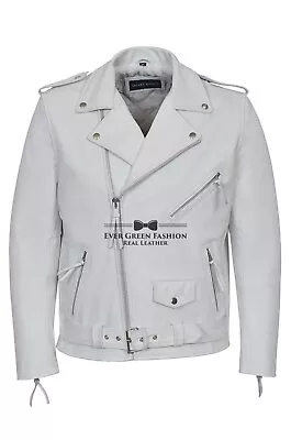 Buy Men's BRANDO White Leather Jacket Classic Biker Smart Fitted Real Hide Leather  • 103.91£