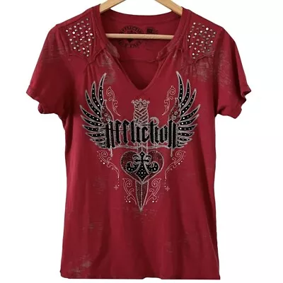 Buy Affliction Vintage Y2k Angel Wings Celtic Cross Shirt T-shirt Grunge Women Large • 43.39£
