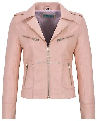 Buy Ladies's Leather Jacket Baby Pink Napa Biker Motorcycle Short Style 9823 • 119.75£