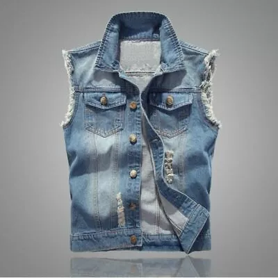 Buy Men Jeans Vest Jackets Sleeveless Ripped Denim Waistcoat Trucker Coat Distressed • 20.65£