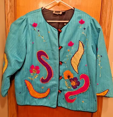 Buy MAGGIE BARNES Artsy 3X Patchwork Floral Embroidered ArtWear Button Jacket Blazer • 36.74£