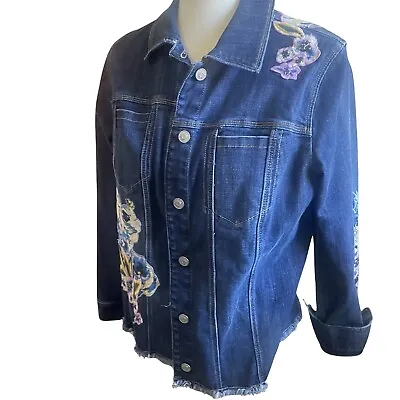 Buy Chicos Design Denim Jacket Women's Size 2 (L/12) Embroidered Floral Denim Fringe • 24.99£