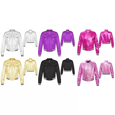 Buy Boys Girls Shiny Baseball Jacket Metallic Bomber Jackets Hip-Hop Coat Outerwear • 5.82£