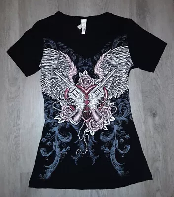 Buy Rhinestone Bling Guns Angel Wings Roses Black T-Shirt Size Small Goth Biker Y2k • 19.29£
