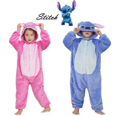 Buy Blue/Pink Stitch Kids Animal Pyjamas Siamese Hoodedxs Children Cosplay Homewear • 6.44£