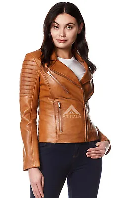 Buy Ladies Leather Jacket Tan Fashion Designer Biker Motorcycle Style 9334  • 95.80£