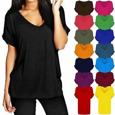 Buy Women Ladies Baggy Oversized Loose Fit Turn Up Batwing Sleeve V Neck Top T-shirt • 7.25£