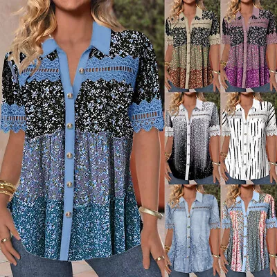 Buy Summer Women Turn-down Collar Short Sleeve Button T Shirt Ladies Floral Lace Top • 14.39£