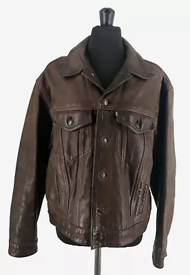 Buy Vintage Levi’s Leather Trucker Jacket Western Distressed Brown White Tab Large • 280.69£