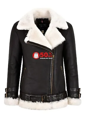 Buy Ladies B3 Sheepskin Jacket Brown Cross Zip Shearling Fur Belted Long Jacket NV53 • 112.50£