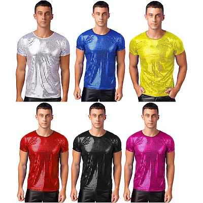Buy Mens Sparkle Sequin Dot Short Sleeve T-Shirt Tops Shiny Nightclub Party Costume • 13.94£