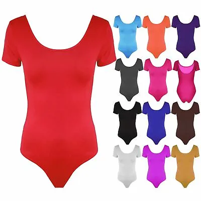Buy Ladies Casual Scoop Neck Short Sleeve Stretchy Plain Womens Bodysuit Leotard Top • 5.49£