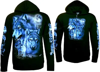 Buy Zip Up Hoodie Wolves Under A Full Moon Wolf Pack Forest Glow In The Dark By Wild • 32.99£